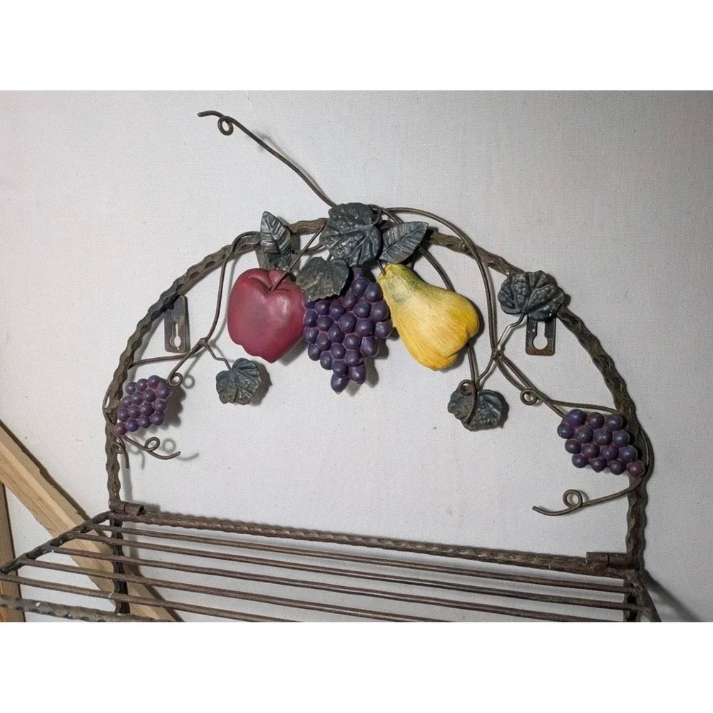 Vintage Wrought Iron 2 Tier Wall Rack Fruit Accents Towel Bar Tuscan Farmhouse